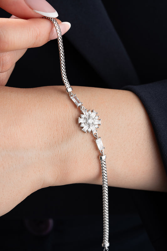 Baugette Stone Snowflake Silver Bracelet