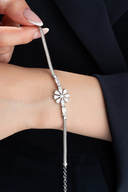 Zirconia Stone Flower Silver Bracelet