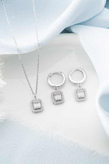 Adorness Baugette Diamond Necklace and Earrings Set