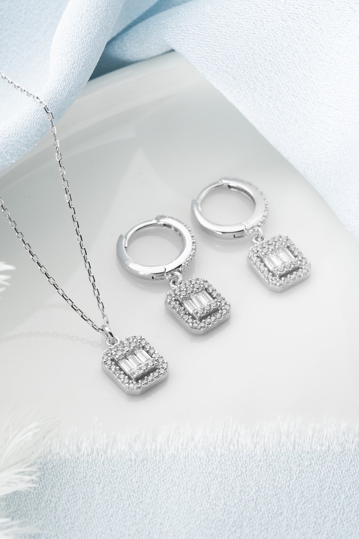 Adorness Baugette Diamond Necklace and Earrings Set