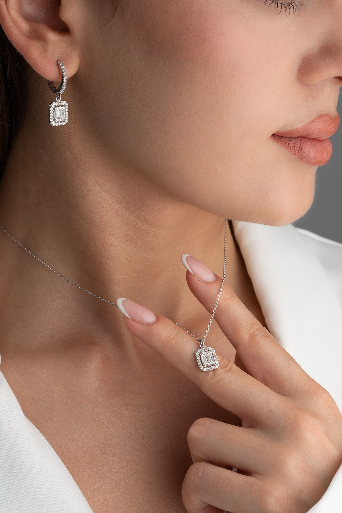 Adorness Baugette Diamond Necklace and Earrings Set