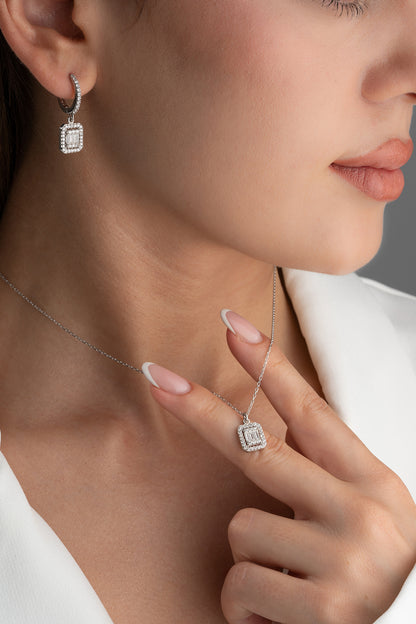 Adorness Baugette Diamond Necklace and Earrings Set