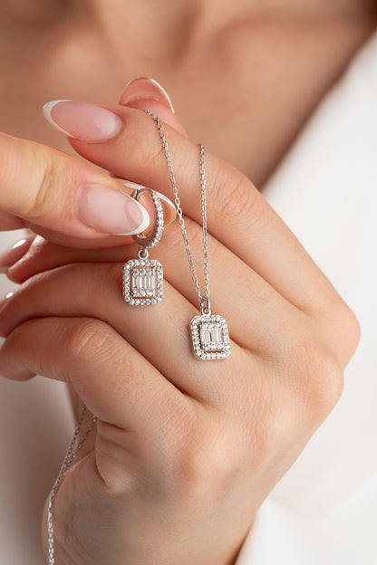 Adorness Baugette Diamond Necklace and Earrings Set