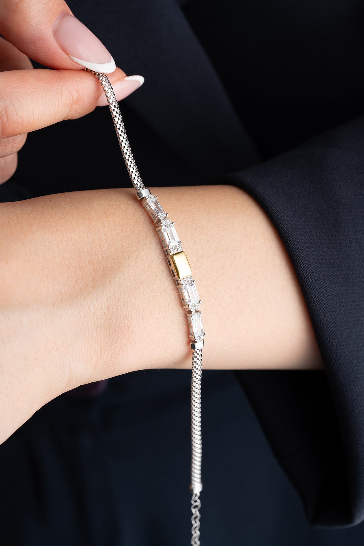 Adorness Baguette Diamond Silver Bracelet