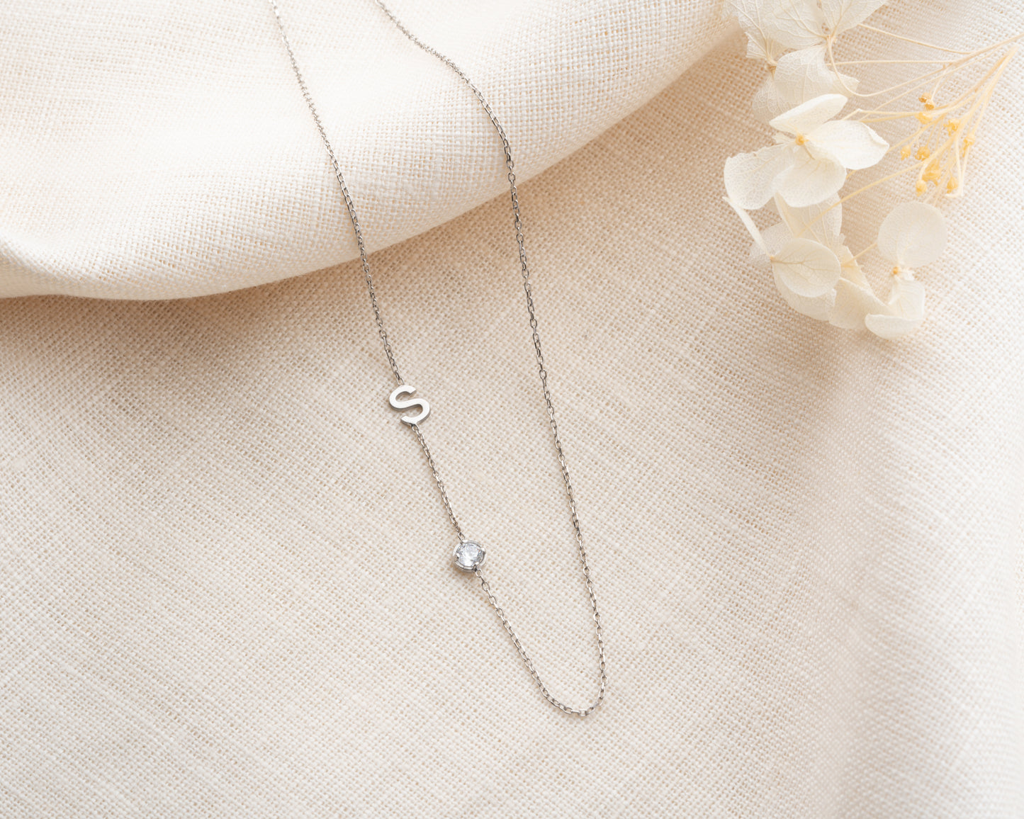 Birthstone and Sideways Initial Necklace