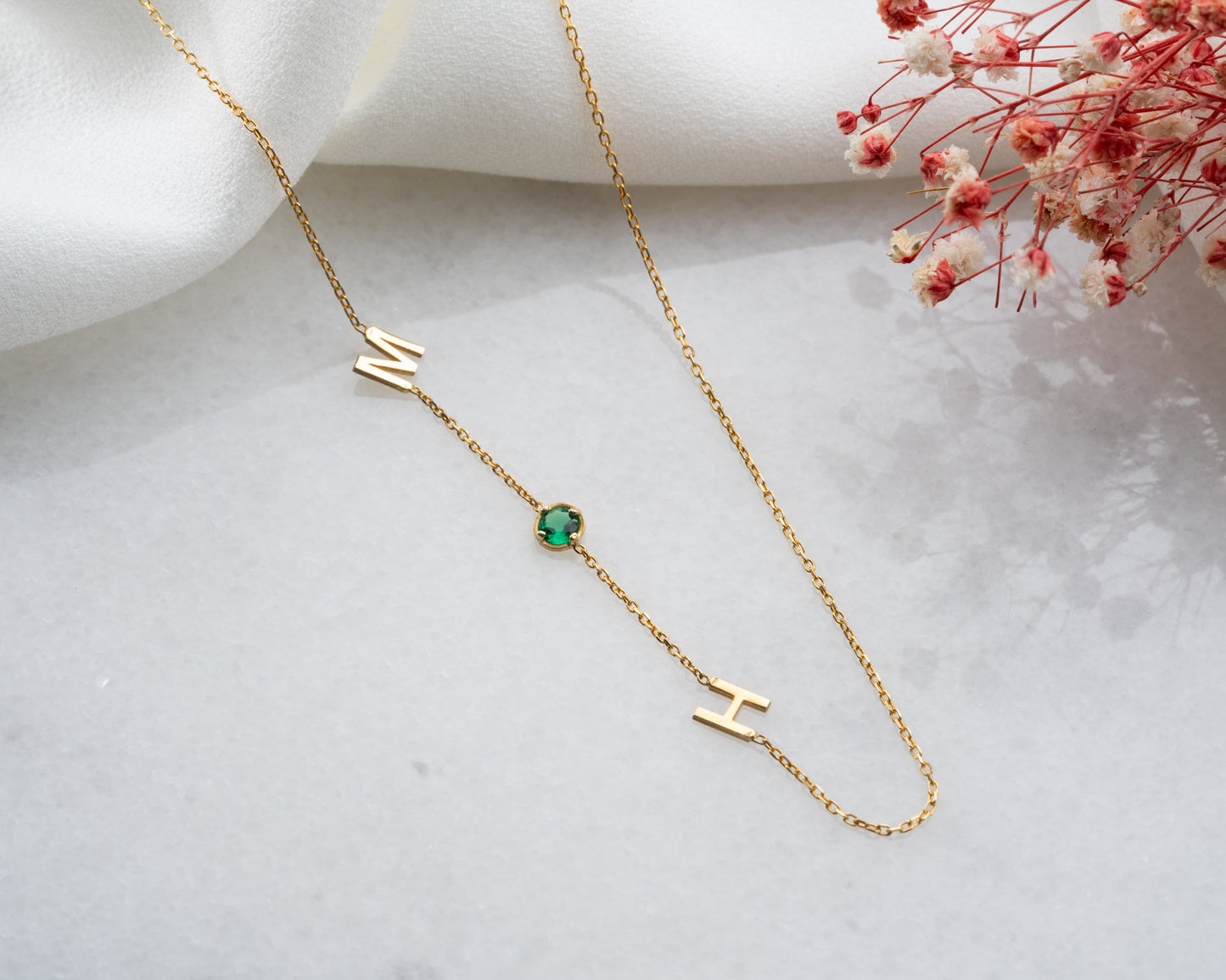 Birthstone and Sideways Initial Necklace