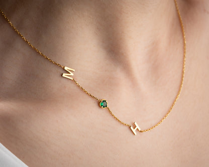 Birthstone and Sideways Initial Necklace