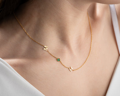 Birthstone and Sideways Initial Necklace