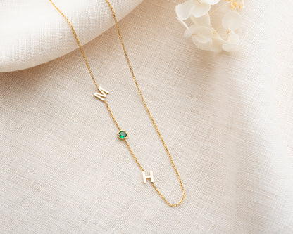 Birthstone and Sideways Initial Necklace