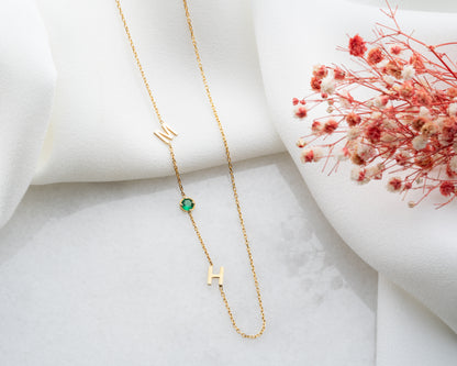 Birthstone and Sideways Initial Necklace