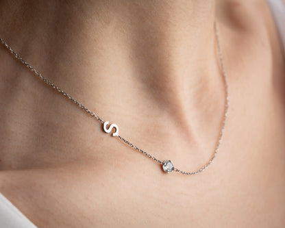 Birthstone and Sideways Initial Necklace