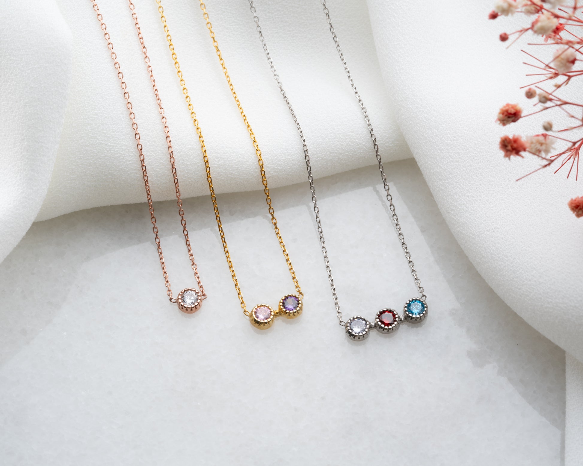 Custom Birthstone Necklaces in Rose Gold, Gold and Silver Colors