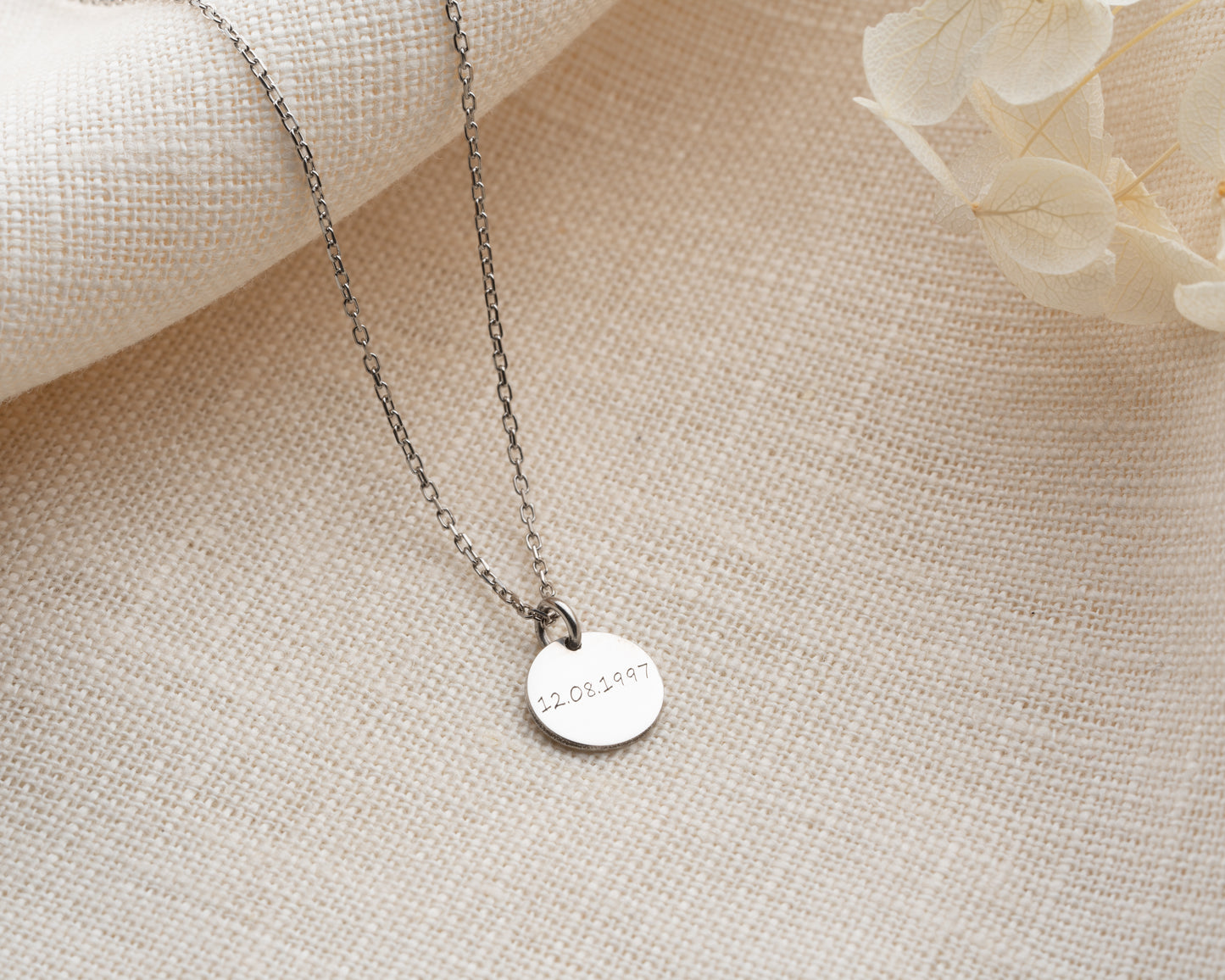 Disc Necklace, Name, Date, Coordinate Engravings