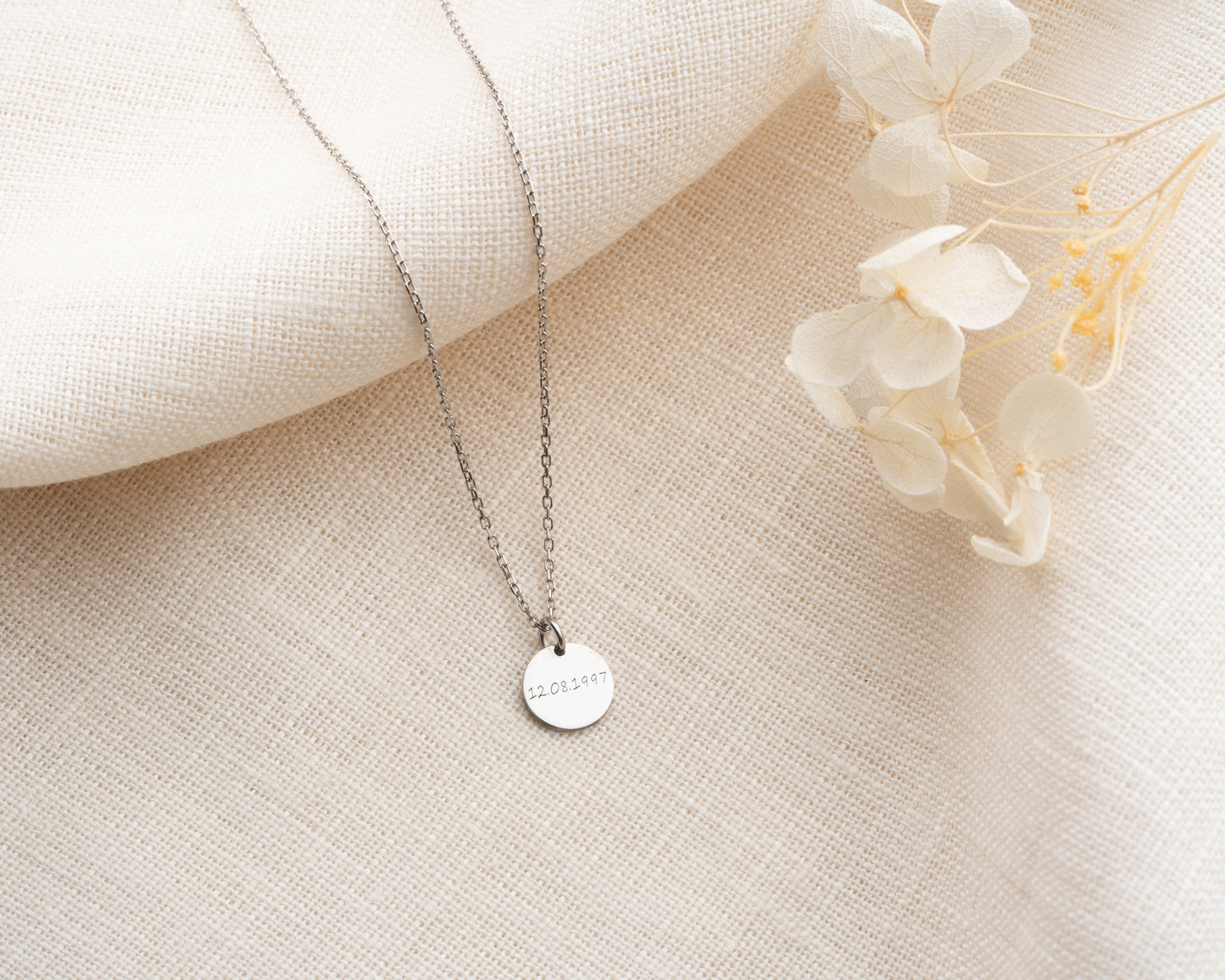 Disc Necklace, Name, Date, Coordinate Engravings